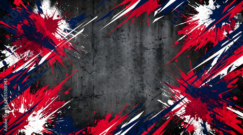 An energetic high contrast artistic sports backdrop texture featuring explosive abstract splatters of deep red crisp white and vibrant navy blue paint textures over a dark grunge concrete surface patt