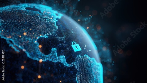 Digital globe with glowing network lines and a luminous lock symbol