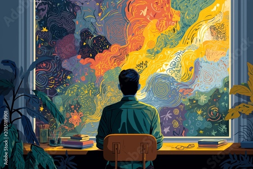 Adult with ADHD staring out a window mid-task, thoughts visually represented as scattered colorful doodles around his head, creative mind concept