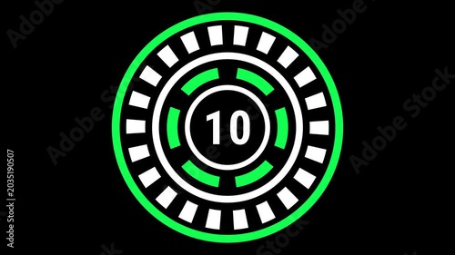 15-second gear-style countdown in green and white on black background with blinking outer ring, rotating inner dash ring, and changing center number.