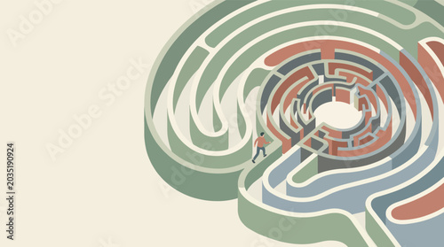Abstract illustration of a person walking through a labyrinth representing cognitive processes and mental health challenges