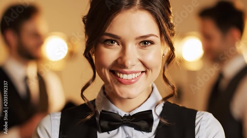 Smiling professional female waitress in elegant restaurant setting.