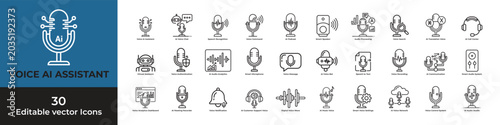 Voice AI Assistant Outline Icons Set - AI Audio Technology Line Vector Collection