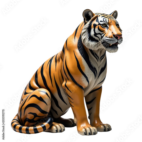 A bronze statue of a tiger sitting on the ground, ready to pounce