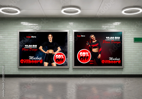 Two horizontal billboards mockup on a subway station wall