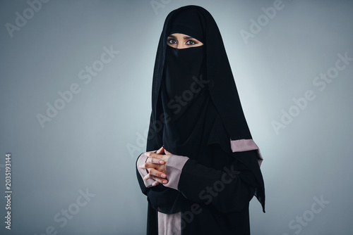 Photos Muslim, portrait or woman in studio with burka, praise or religious practice during Ramadan