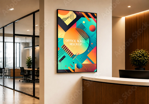 Vertical poster mockup hanging on modern corporate office wall