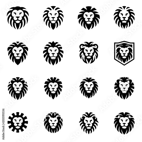 Lion head logo vector set with bold geometric mane styles athletic shield badges and gear wheel icon variations