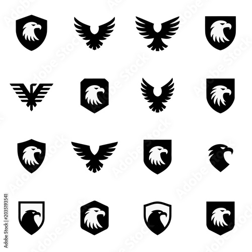 Eagle logo vector set with minimalist hawk head icons shield crest emblems and flying silhouette variations