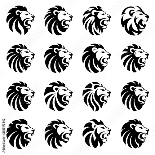 Roaring lion head logo vector set with bold tribal mane elements and fierce profile mascot character icons