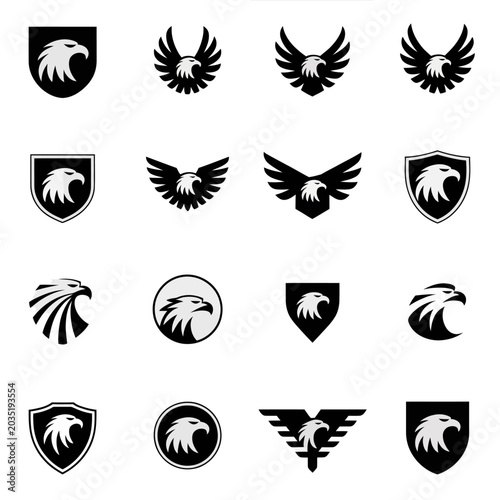 Eagle mascot logo vector set with flying bird wings silhouettes shield crest emblems and circular head icons