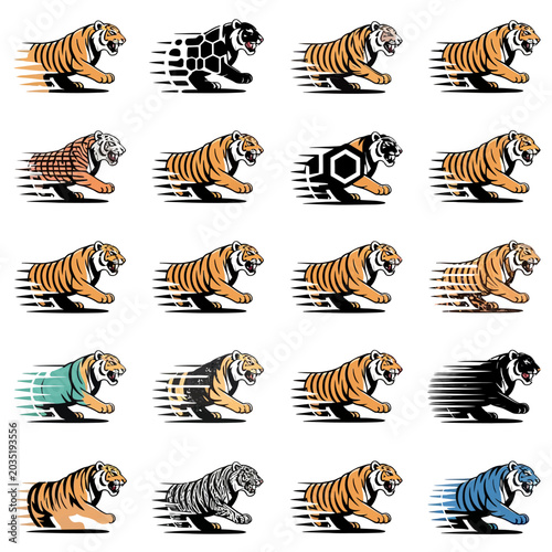 Running tiger logo vector set with fast speed motion lines and abstract geometric pattern variations