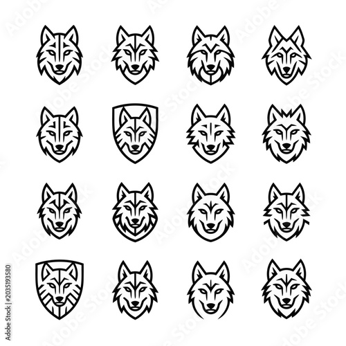 Wolf head line art logo vector set with geometric shield emblems and minimalist husky mascot icons