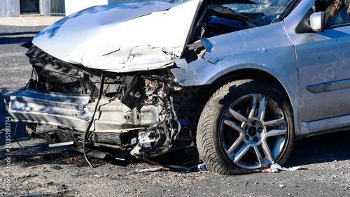 Silver passenger car after a traffic collision on a city street. Damaged automobile with crushed bodywork and broken parts left outdoors on a public road after a vehicle accident or crash.