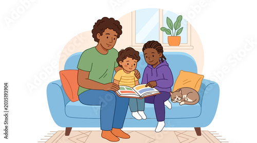 Vector illustration of a black father reading a book to his children on a cozy sofa at home. EPS Editable