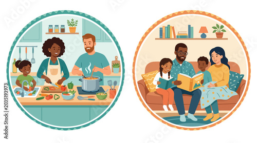 Vector illustration of diverse families cooking together in the kitchen and reading books on the sofa at home. EPS Editable
