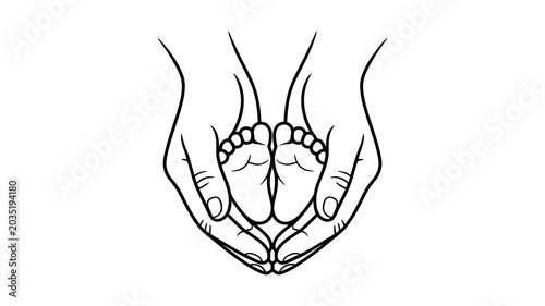 Delicate line of a pair of hands gently cradling tiny newborn baby feet with toes visible on a white background