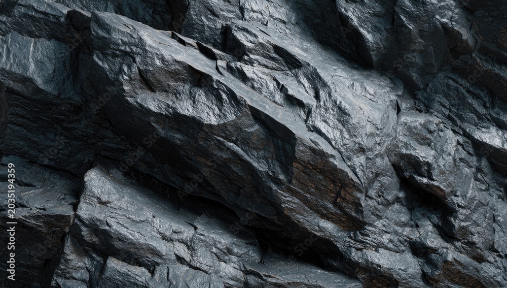 Fototapeta premium Detailed view of dark, textured, angular rock formations with subtle golden highlights