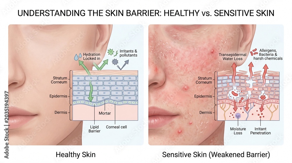 Obraz premium Healthy skin barrier with hydrated, smooth complexion, and sensitive skin barrier with redness, irritation, cracked cells, and allergen exposure visualized in medical diagram