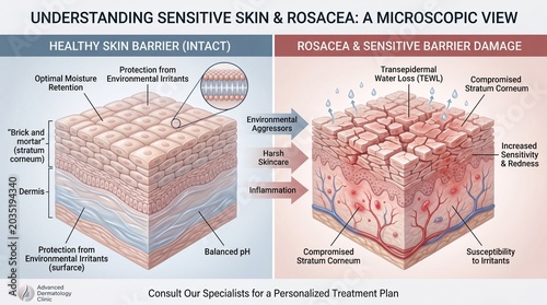 Healthy skin barrier intact optimal moisture retention protection from irritants environmental aggressors balanced pH compared to rosacea sensitive barrier damage increased sensitivity redness
