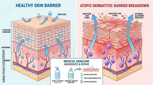 Healthy skin barrier illustration with intact stratum corneum, moisture retention, and atopic dermatitis barrier breakdown showing cracked skin, moisture loss, and allergen exposure