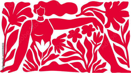 Bild auf Leinwand Vibrant flat art illustration featuring a serene woman gracefully intertwined wi