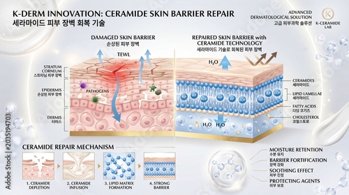 Ceramide skin barrier repair illustration, showing damaged and repaired skin layers, moisture retention, ceramide molecules, and dermatological science concept