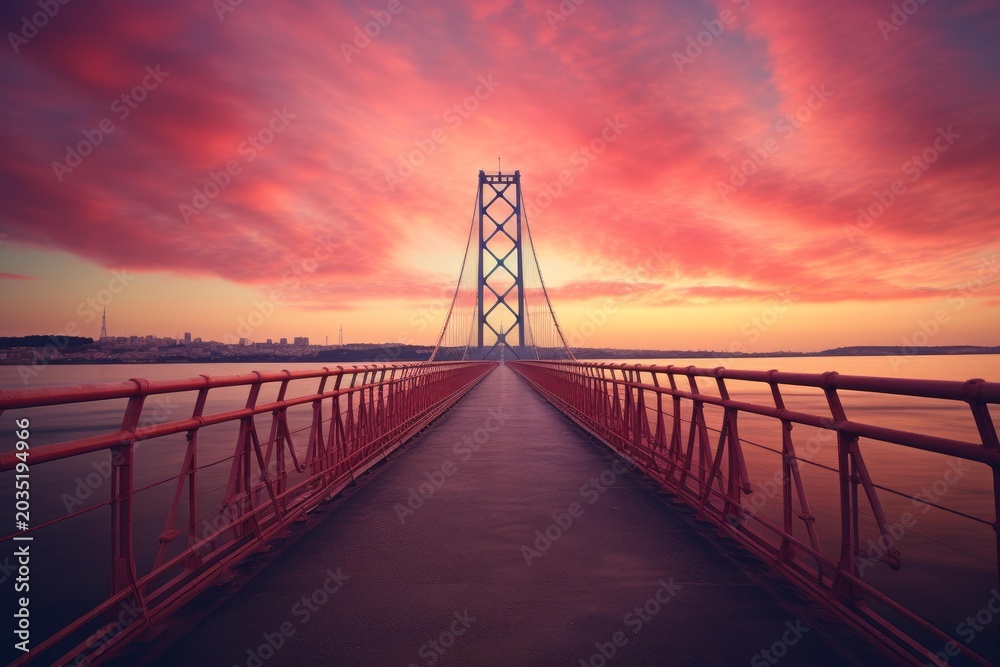 Obraz premium Empty bridge extending towards the horizon under a vibrant sky and calm water