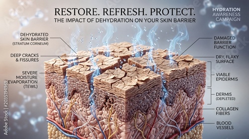 Dehydrated skin barrier deep cracks moisture evaporation damaged barrier function dry flaky surface viable epidermis dermis depleted collagen fibers blood vessels hydration technology concept skin
