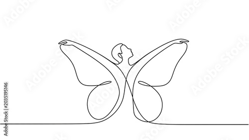 Single continuous line of a person with butterfly wings spread wide in a graceful pose on a white background