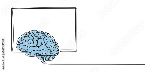 Single Line of a Blue Brain Inside a Rectangular Frame on a White Background 