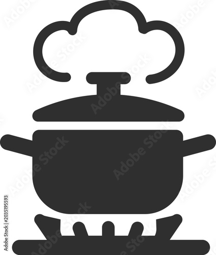 Foto cooking pot on a white background, Cooking Pot on Gas Stove with Steam Silhouett