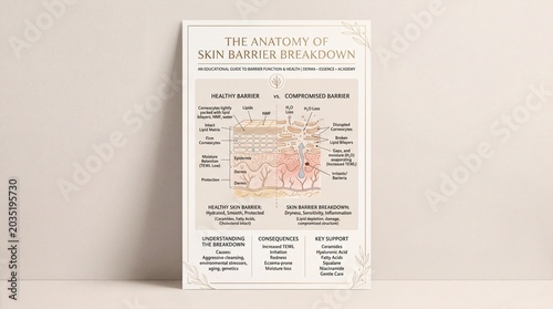 Minimal skincare infographic showing healthy skin barrier structure, comparison of healthy and compromised barrier, educational diagram, neutral background, informative, modern style