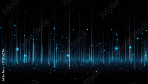 Abstract digital art with falling glowing blue lines and particles on black