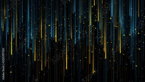 Vertical streaks of blue and gold light with sparkling particles descend
