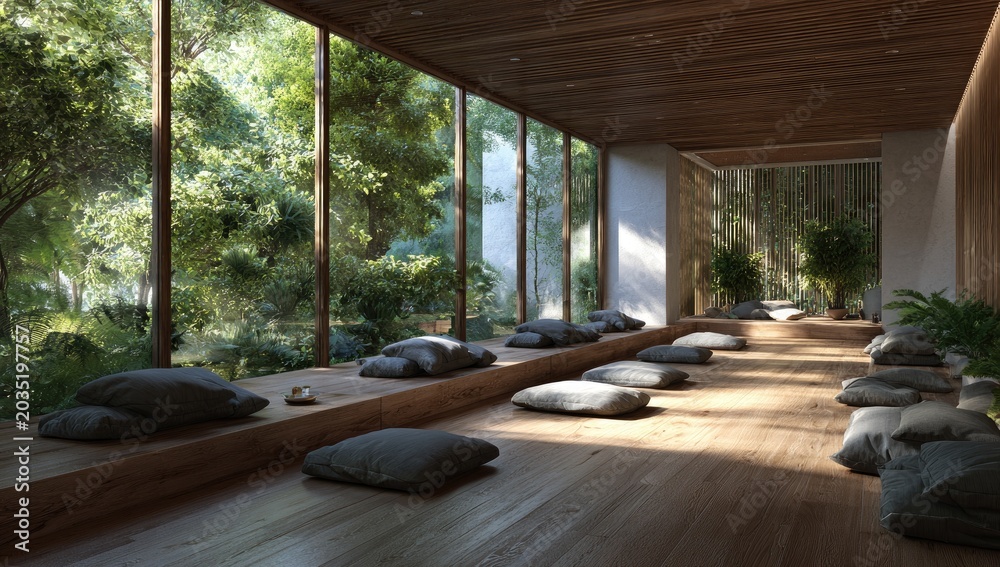 Fototapeta premium Serene indoor space with large windows overlooking a lush forest