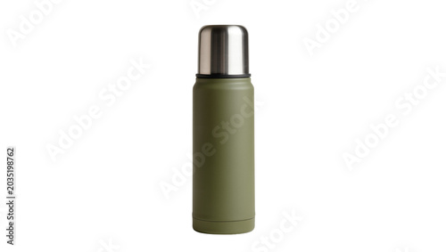 Isolated olive green vacuum insulated stainless steel container for hot or cold drinks
