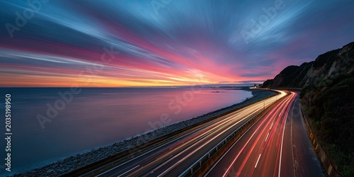Streaking lights of vehicles create motion on a coastal highway at sunset