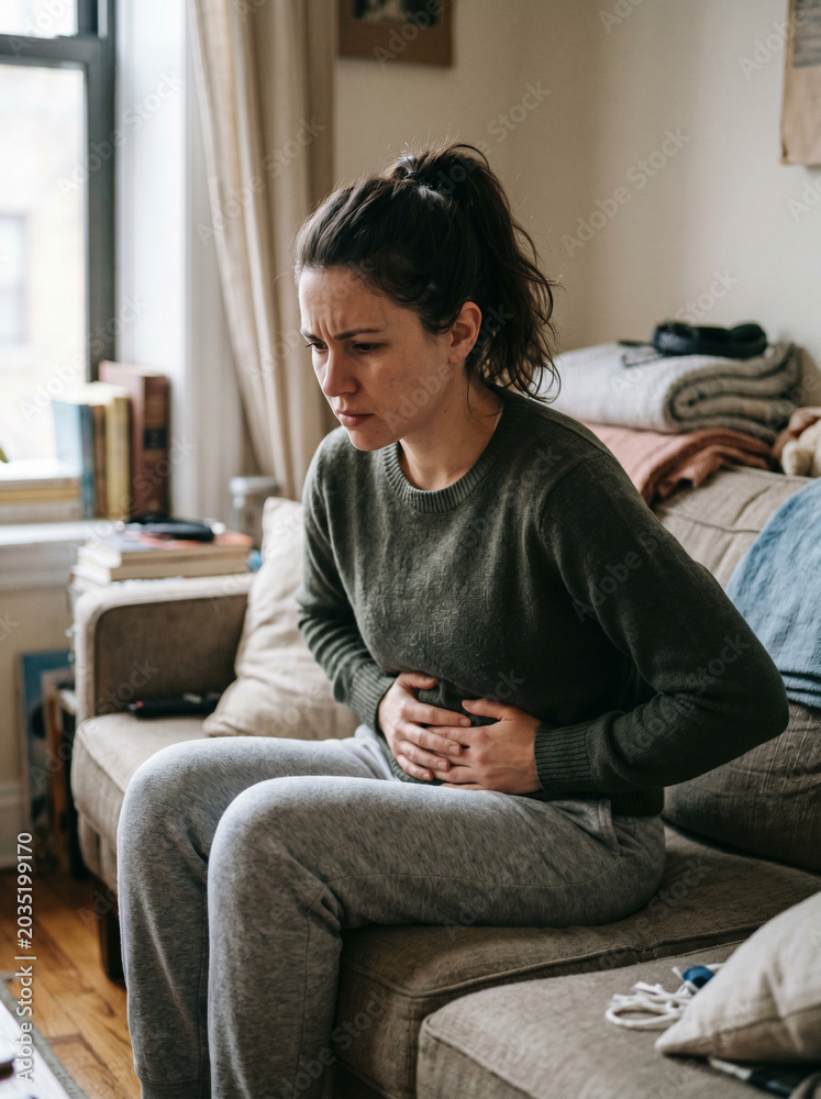 Fototapeta premium Woman Sitting on Sofa with Endometriosis Pain and Abdominal Discomfort at Home