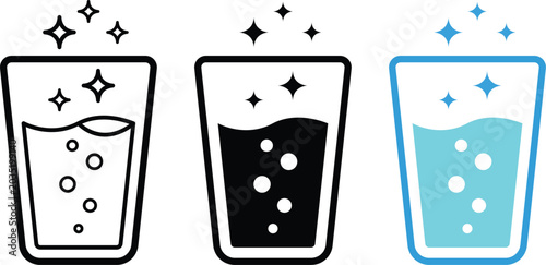Photos Sparkling Water Glass Icon Set with Fresh Drink Beverage Cup and Carbonated Liqu