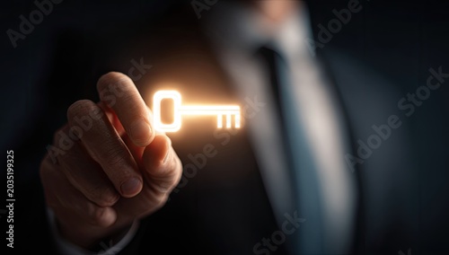 A hand holds a glowing key, representing opportunity, solution, and access to success