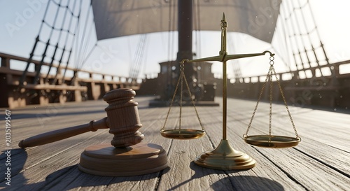 Gavel and scale on ship deck symbolizing maritime lawyer law and legal practice for shipowner crew cargo and admiralty dispute resolution.