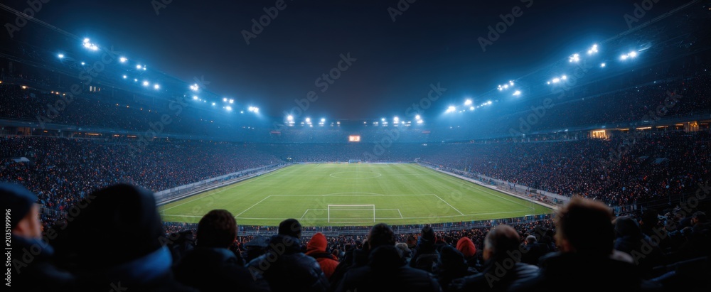 Fototapeta premium Vibrant evening scene of a large football arena packed with excited fans behind goalposts
