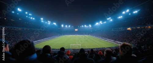 Panel kuchenny z motywem Vibrant evening scene of a large football arena packed with excited fans behind goalposts