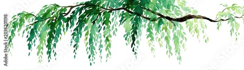 Delicate green foliage gracefully cascades from a dark branch against white