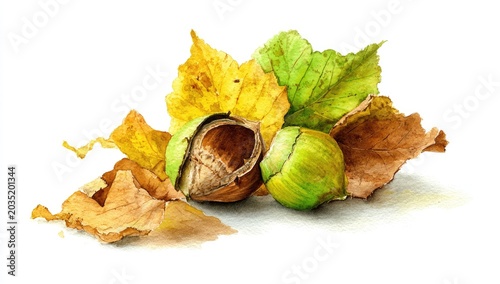 Autumn leaves frame two green nuts, one open, on white