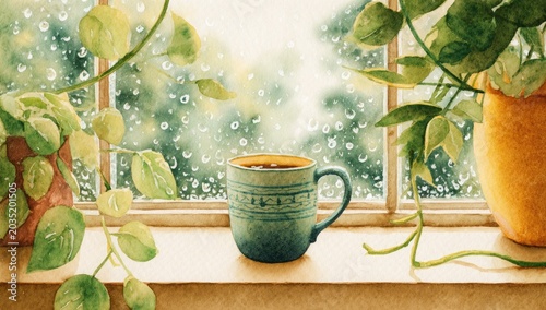 Cozy mug of coffee on windowsill, rain falling outside, green plants framing view