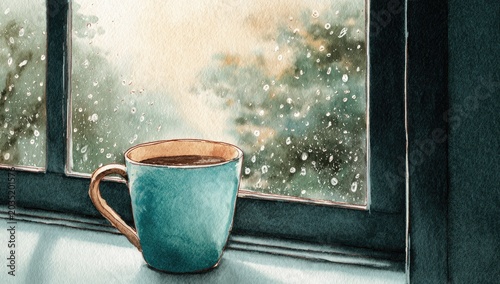 A steaming cup of coffee sits on a windowsill on a rainy day