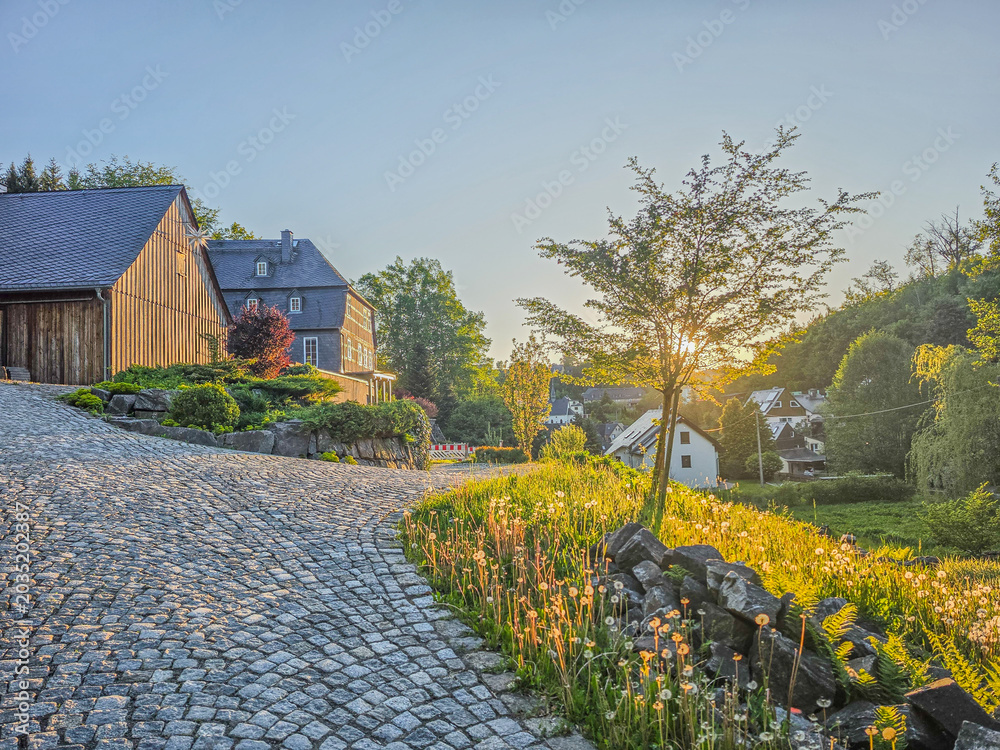 Obraz premium Cobblestone driveway leading through a rural property during sunset. Warm sunlight highlights wildflowers, trees, and rustic wooden buildings in a peaceful countryside setting