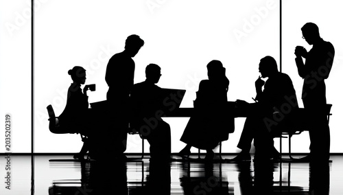 Silhouetted business people gathered around a table in a bright, modern meeting room